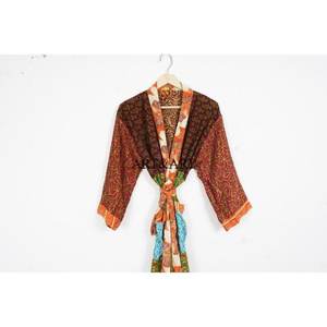 Indian <b>Vintage</b> Sari Silk Elegant Luxury <b>Kimono</b> Soft Silk Robe Patchwork Free Size Multi Color Comfortable Night Wear - Product Image 2