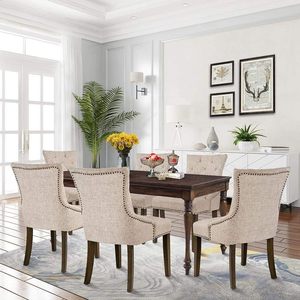 Chaises de salle à manger modernes de luxe, style mi-siècle, élégantes, en tissu beige, avec dossier capitonné et accents cloutés, en caoutchouc massif, mobilier de maison - Product Image 4