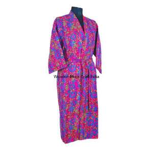 Indian Handmade Organic Kantha Quilted Kimono Jacket for Women Eco-Friendly Cotton Floral <b>Print</b> Spring Autumn Sleepwear Robe - Product Image 1