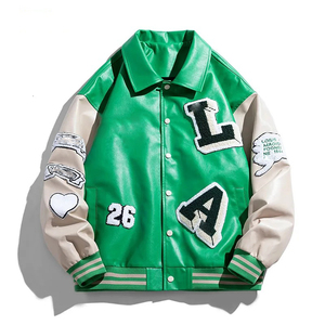 Blouson universitaire d'hiver personnalisé pour homme, écologique, enduit, coupe-vent, respirant, col rabattable, broderie, cuir véritable de haute qualité - Product Image 1