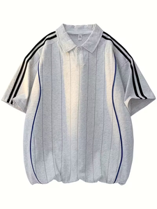 Polo de manga corta informal para hombre, gris claro, negro y azul, mangas a rayas, cuello abotonado, tela no elástica, verano perfecto - Product Image 3