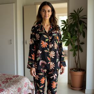 Traje de pijama con estampado de hojas para mujer, conjunto de pantalones cortos de viscosa suave y sedosa con camisa de manga larga, ropa para dormir para mujer - Product Image 2