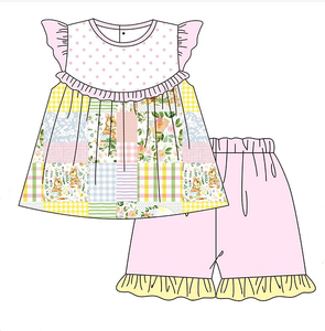 Conjuntos de ropa para niños con conejito de Pascua, venta al por mayor, conjunto de pantalones cortos con volantes florales de Boutique para niñas, trajes de vestido de verano para niñas - Product Image 3