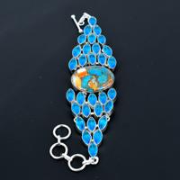 Gelang Pesona Perak Sterling 925 Buatan Tangan dengan Batu Kelahiran Blue Topaz dan Batu Kerang Oyster Berduri Oranye Alami, Berbingkai Vintage