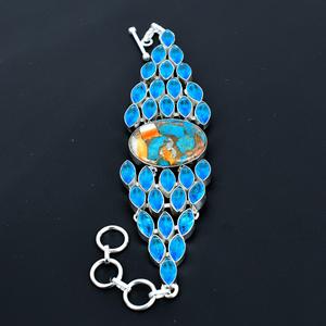 Bracelet Charme Artistique Fait Main en Argent Sterling 925 avec Pierre de Naissance Topaze Bleue et Huître Épineuse Orange Naturelle, Sertie en Lunette, Style Vintage - Product Image 1