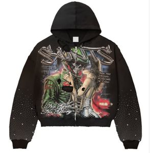 Vestes à capuche en polaire pour hommes de qualité supérieure, avec fermeture éclair imprimée, capuche brodée avec des strass et un effet vieilli pour hommes - Product Image 3