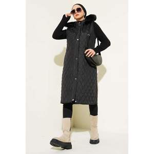 <b>Women's</b> Diamond Pattern Hooded Zippered <b>Vest</b> Black Embroidered Streetwear Cotton Knitted Fabric Waterproof for Spring Autumn - Product Image 2