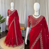 Sari en soie rouge de créateur pour femme, extensible, infroissable, avec bordure richement brodée de sequins, longueur cheville, idéal pour les fêtes de Diwali et les mariages