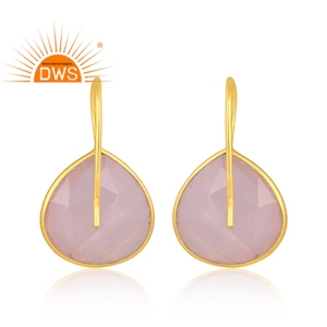 Pear Cut Natural Pink Rose Quartz Gemstone <b>Set</b> 18k Gold On 925 Silver Dangle Hook Earrings Manufacture of <b>Indian</b> <b>Jewelry</b> - Product Image 2