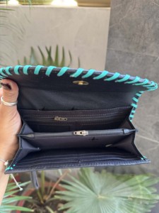 Western Patterned Hand Tooled Carving Wallet Clutch <b>Phone</b> Case with Turquoise Color Stylish Multi Uses Wristlet Leather Wallet - Product Image 6