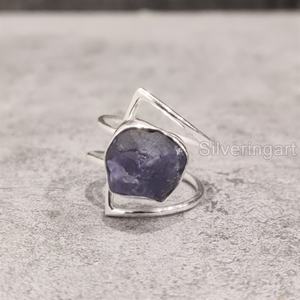 Bague pour femme en argent sterling 925 avec pierre brute naturelle Tanzanite, pierre de naissance de décembre, double bande, idéale pour Noël - Product Image 2