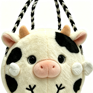 customized <b>Cute</b> black and white cow plush tote bag,Soft cow plush shoulder bag with rope handle,Kids animal-themed cow <b>purse</b> - Product Image 3