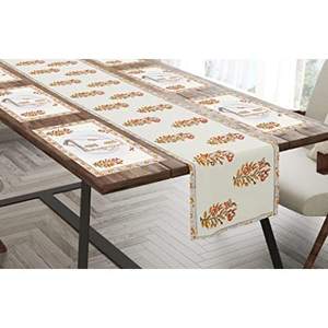 แผ่นรองจานและชุดผ้าเช็ดปากผ้าคอตตอนพิมพ์ลายบล็อกสีส้มอินเดียสำหรับวางตรงกลางโต๊ะรับประทานอาหาร - Product Image 2