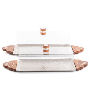 Plateau de service à dessert en aluminium martelé de forme rectangulaire avec poignées en bois et couvercle en acrylique ENSEMBLE DE 2 plateaux pour table de restaurant - Product Image 2