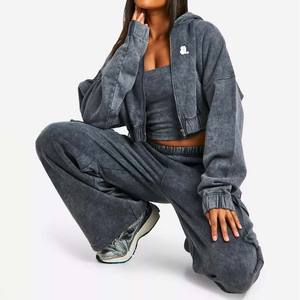 Logo personnalisé Vintage lavage à l'acide 2 en 1 poids lourd hiver sweat à capuche zippé pour les femmes 100% coton - Product Image 2