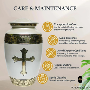 Urne funéraire blanche et dorée avec croix Urne funéraire adulte pour cendres humaines Urne commémorative religieuse avec motif de feuille gravé - Product Image 6