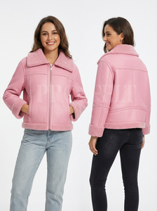 Chaqueta de Piel de Oveja Genuina Fácil de Usar en Invierno, Color Rojo, Ropa de Abrigo Cálida, Chaqueta Corta con Cremallera de Cuero Real Suave para Mujer - Product Image 3