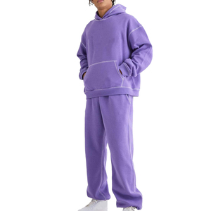 SENSEL SPORTS Ensemble de survêtement unisexe violet à capuche, couleur unie, coupe décontractée, 100 % coton molletonné, sweat-shirt et pantalon - Product Image 1