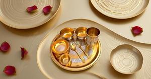 <b>8</b>-Piece Beautifully Handcrafted Traditional <b>Dinnerware</b> <b>Set</b> Brass Thali Plate Bowls Fork with Durable Glass Spoon Tableware Gift - Product Image 2