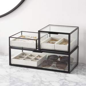 Boîte à bijoux en métal et en verre design, vitrine transparente pour bagues, colliers, bracelets, boucles d'oreilles précieux - Product Image 1