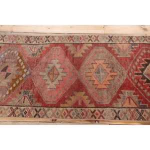 2.2x11 ft Rug, Vintage Turkish Rug, <b>Red</b> Brown Camouflage <b>Wool</b> Rug - Product Image 3