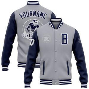 Custom gris azul marino-blanco bombardero Full-Snap Varsity Letterman dos tonos chaqueta cortavientos Streetwear vintage hombres Varsity chaqueta - Product Image 1