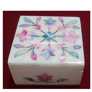 White Marble Mother Of Pearl Inlay <b>Jewellery</b> <b>Box</b> Square Shape Best Design Mix Color Handmade Inlay Work Used Business <b>Gifting</b> - Product Image 1