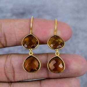 Boucles d'oreilles en argent sterling 925 plaqué or de haute qualité avec pierre précieuse citrine, cadeau de mariage pour femmes - Product Image 2