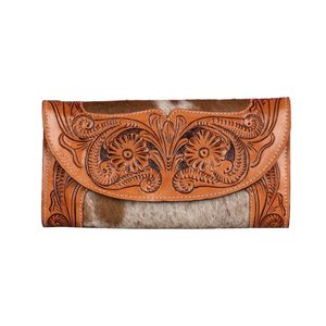 กระเป๋าถือผู้หญิงทำมือดีไซน์ดอกไม้หนังวัวฟอกฝาดแบบพับสามทบกระเป๋าสตางค์หนังแท้ทำมือใส่บัตรหนังเงินสดทุกวัน - Product Image 1