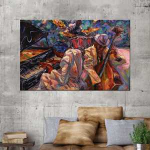 Impresión en lienzo de músicos de jazz vibrantes, decoración moderna para club de jazz, lienzo envuelto en 1 pieza - Product Image 1