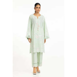 Camisa y Pantalón Bordados en Cambray Verde Claro para Mujer, Primavera/Verano - Product Image 2