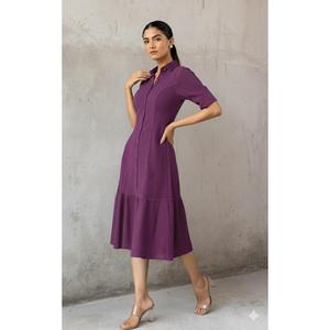 Vestido Maxi Bohemio de Verano 100% Algodón para Mujer, Cuello Camisero, Vestido Formal para Damas, Color Morado Natural, Crepé de Algodón - Product Image 4