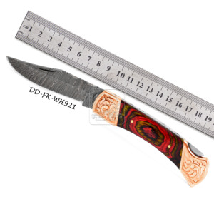 Cuchillo de bolsillo de acero de Damasco hecho a mano de alta calidad con mango de madera exótica de hoja D2 al por mayor para aplicaciones de cuero al aire libre - Product Image 3