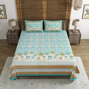 BLOCKS of INDIA <b>Super</b> <b>King</b> <b>Size</b> Bedsheet Hand Block Printed Cotton Blue Ikat <b>Fitted</b> & Flat <b>Sheets</b> - Product Image 3