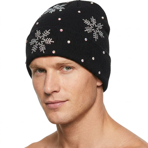 2027 Custom Black Rhinestone SnowflakeKnit Beanie <b>Hats</b> Travel 100% Acrylic Wholesale <b>Winter</b> Women <b>Men</b> Private Label OEM Bulk - Product Image 3