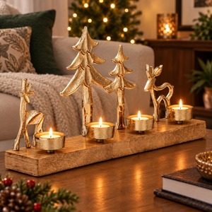 Portavelas Navideño de Madera, Soporte Dorado de Latón con Forma de Árbol y Reno, Contenedor para Velas de Té, Decoración Navideña para Mesa, Centro de Mesa - Product Image 2