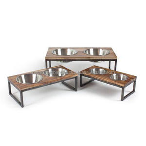 Comedero doble para perros de acero inoxidable elevado con soporte de tubo de hierro y placa superior de madera para alimentar a mascotas gatos incluidos - Product Image 1