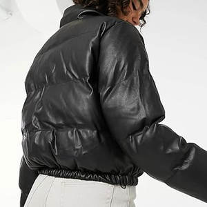 Veste matelassée en cuir pour femmes, hiver, manches longues, noire, courte, style bulle, matelassée, chaude, vêtements d'extérieur élégants, veste décontractée - Product Image 6