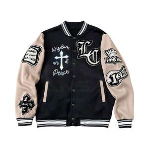 Chaqueta Universitaria de Manga Larga para Hombre, a la Moda, con Diseño de Bloques de Color, Parches de Letras, Bordes a Rayas, Bolsillos Funcionales, Color Caqui - Product Image 1