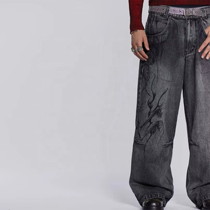 Pantalon en jean ample en coton avec poches, coupe droite, cargo, style urbain, uni, fermeture éclair, cordon de serrage, décontracté - Product Image 4