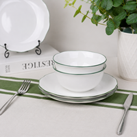 Ensemble de vaisselle en porcelaine de luxe avec logo personnalisé, assiettes et bols, ligne verte ondulée, céramique blanche vernissée, pour supermarchés et commerces de détail