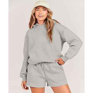 Conjunto de Dos Piezas de Lona Sólida para Mujer, Sudadera con Capucha y Pantalones Cortos, Cómodo, Elegante y Casual para Gimnasio, Yoga o Caminatas - Product Image 5