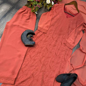 DESIGNER TOP WITH COTTON <b>THREAD</b> EMBROIDERED WORK AND PLAZO WITH DUPATTA - Product Image 1