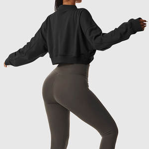 V-Neck Sweatshirts Women <b>Cropped</b> Irregular Design Long <b>Sleeve</b> Drop Shoulder Fleece Lined Pullover <b>Tops</b> Casual Stylish - Product Image 4