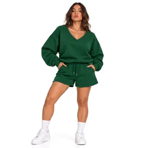 Conjunto de 2 piezas de punto de algodón para mujer, verde, con cuello en V, holgado, informal, con cordón y bolsillos, para primavera y verano - Product Image 1
