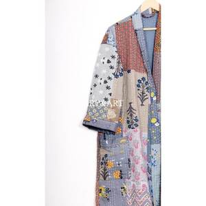 Hand-Stitched Black Patchwork Floral Design Summer Kimono Bath Robe Cut Work <b>Cardigan</b> Handmade Multi Kantha Quilted Breathable - Product Image 4