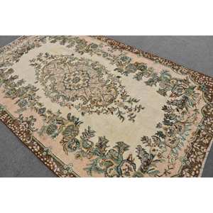 พรมตุรกีโบราณสีเบจสีน้ำตาลขนาด5.5x9.3ฟุตงานเย็บปะขนสัตว์สำหรับห้องโถงห้องนอนห้องนอนน้ำยางสำหรับห้องข้างเตียง - Product Image 4