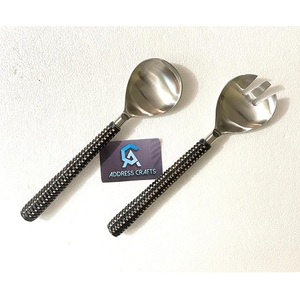 Stainless Steel Salad <b>Server</b> Set of 2 With Wicker Handle for Home Hotel Restaurant Wedding Event Dinnerware Kitchenware Utensils - Product Image 2
