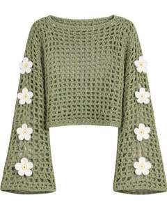 Customized Green Crochet Knit Crop Sweater Women Floral Applique Flare Sleeve Open Weave Lightweight Fashion Top Spring Summer - Product Image 1