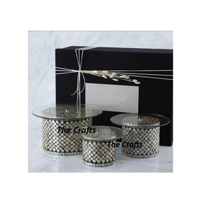 Finest Quality <b>Cake</b> <b>Stand</b> With Mother Of Pearl Work Set Of 3 Wooden And <b>Glass</b> Chocolate Dessert Server - Product Image 6